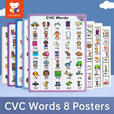 131 CVC Cards + 2 Workbooks +8 Posters 영어 카드 파닉스 단어 유아를 위한 병음 단어 영어 학습 카드 어린이를 위한 언어 차트와 책, 8 Poster, 1개