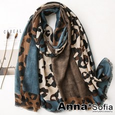 AnnaSofia 保暖柔軟棉麻感披肩圍巾-拼色豹紋流蘇邊 現貨(藍咖系)