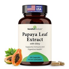 SANDHUHERBALS Papaya Leaf Extract 파파야 잎 추출물 | Giloy 함유 10배 강도 | 남성 및 여성용 채식주의자 캡슐 120개 | 미국 제조, 120 Count (Pack of 1), 1개, 120