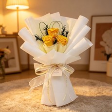 시연플라워 시들지 않는 꽃 프리저브드 3송이 장미 꽃다발 + 쇼핑백, 4노랑