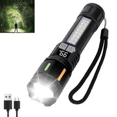 손전등 높은 루멘 충전식 900 000L 휴대용 슈퍼 브라이트 LED 손전등 5가지 조명 모드 Cob 사이드 라이트 USB C 방수 줌 가능 비상 전술 플래시 라이, Medium, 1개
