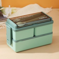 (Small) 밀짚 pp 재질의 도시락은 전자레인지로 출근학생의 다격자 도시락통 + 스푼 + 포크를 데운다 JJN-0250, 1개, 녹색