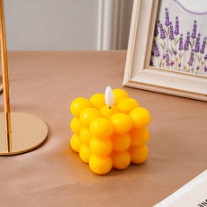 레오빈스 LED 큐브 초 예쁜 양초 파스텔 버블 오브제 초 캔들 티라이트 무드등 촛대, 옐로우 LED 큐브 캔들