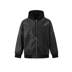 ONIW 機車皮夾克 高級感假兩件拼接皮衣男 連帽外套 韓版寬鬆潮牌工裝皮夾克 加絨