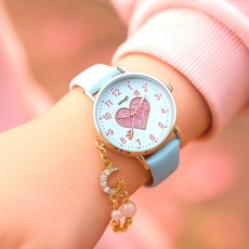 [3+1] 선물 추천 초등학생 핑크 큐빅 하트 러블리 아동 여성 가죽 손목 시계