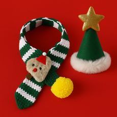 망고펫 반려동물 크리스마스 스트라이프 니트 목도리+모자 코스튬 세트, 1개, 그린