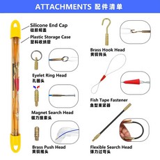 多功能纖維穿線桿 電工布線神器, 1個, 黃色4mm粗*33cm長（總長3.3米）,一套10根桿+配件頭