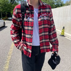 엠레스 자수 오버핏 벌룬 체크 셔츠 사계절 남방 레드 남녀공용 Y2K