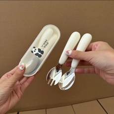 嚴選品質 寶寶便攜餐具 卡通輔食勺 304不銹鋼 兒童喫飯碗 叉勺餐具 收納盒套裝 嬰幼兒用品 安全無毒 防摔設計 禮物, 1個, 304鋼  熊貓便攜寶寶餐具 送收納盒