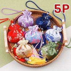 꽃자수 미니 복주머니 5P 세트 외국인기념품 추석 용돈 주머니 한복코디, 옐로우