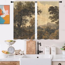 Kikiry 러스틱 키친 커튼 미니 너비 69.5cm x 길이 99.5cm 숲 산 안개 낀 자연 풍경 쇼트 스몰 카페 룸 로드 포켓 창문 드레이프 트리트먼트 티어 원단 1쌍