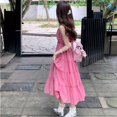 투니스 여성 트렌디 슬림핏 브이넥 단색 백오픈 리본 민소매 롱 원피스