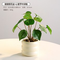 臺灣出貨 假花花裝飾品擺件陶瓷花盆感逼真客廳室內假綠植花卉盆栽 ZT7L, 甜甜圈花盆+心管芋葉綠植, 1個