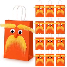 Maiteenly DIY 오렌지 종이 선물 가방 옐로우 콧수염 눈썹 12세트 자체 접착 눈 코 캔디 간식 가방 선물 가방 대용량 핸들 포함 재미있는 카니발 파티 용, 12