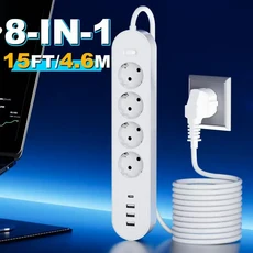 고급형 8-in-1 멀티탭(과부하 보호 기능 포함) 마스터 스위치 1개 AC 콘센트 4개 USB-A 포트 3개 USB-C, 01 Eu 플러그, [01] White-15Ft