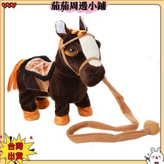 JIAL3 電動毛絨玩具小馬，會唱歌跳舞仿真馬玩偶，牽繩走路電子機器馬玩具, 淺棕色牽繩馬,25cm, 1個