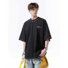 티셔츠 자수 배색 라운드 반팔 커플 루즈핏 캐주얼