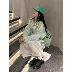 민트그린 체크 셔츠 봄 가을 얇은 긴팔 폴로넥 여성용