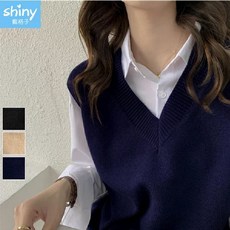 shiny藍格子 寬鬆V領針織背心 舒適百搭時尚針織衫