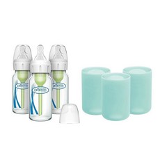 Dr. Brown's 배앓이 방지 옵션+ 좁은 유리 아기 젖병 226.8g(8온스)/250mL 레벨 1 슬로우 플로우 젖꼭지 포함 3팩 0m 이상 핑크 100% 실리콘 슬, Mint, 4 oz