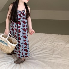 潔白 女童 韓版 洋氣 吊帶 無袖 長裙 滿印玫瑰 顯白 連衣裙