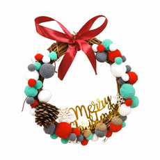 私房角落 獨創手作DIY毛球聖誕藤圈材料包(附字牌)【EFE0010】, 紅綠色系, 1個