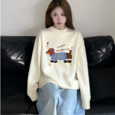 투니스 여성 루즈핏 캐주얼 강아지 자수 긴소매 스웨터