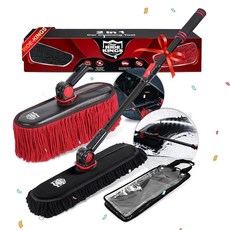 자동차 외부용 2In1 브러시 및 먼지떨이 셔닐 세차 브러시 대걸레 1개 왁스 면 자동차 먼지떨이 대걸레 1개 먼지 제거 접이식 블랙 스틸 폴 자유롭게 전환 트럭 RV, Reddusterset
