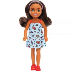 Barbie 첼시 인형 작은 인형 탈착식 체크 드레스 및 금발 머리와 파란 눈을 가진 핑크 신발, 여아용 - 블루 드레스