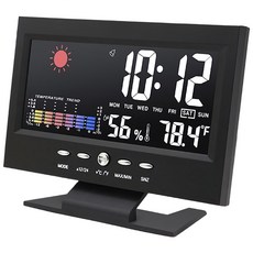 多功能彩屏溫濕度計 萬年曆 LCD背光 聲控 智能溫度計 濕度計 溼度計 貪睡鬧鐘 氣象鐘 電子鐘 床頭鐘【贈4號電池】, 黑, 1個