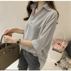 shiny藍格子 慵懶休閒條紋V領寬鬆顯瘦七分袖襯衫上衣