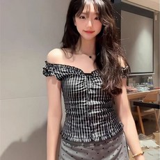 투니스 여성 빈티지 슬림핏 체크 오프숄더 민소매 셔츠