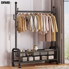 DFMEI 晾衣架單杆衣帽架落地式臥室家用掛包置物架移動收納曬掛衣服架子, 曜石黑長120*高155【加粗22管】雙層置物*360°萬向