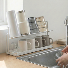 HICKIES 2단 컵건조대 좁은 주방 식기건조 분리형 물빠짐 트레이, 블랙