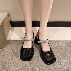 큐빅 스트랩 통굽 슬링백 에나멜 프렌치 펌프스힐 5cm 샌들 화이트