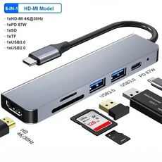10 in USB 허브 도크 AUX HD 호환 VGA 어댑터 C 노트북 도킹 스테이션 Macbook Huawei 용 3.0 5Gbps 데이터, 01 6-IN-1 HDMI