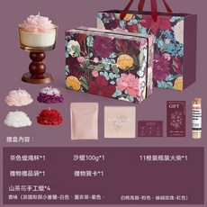 雅風 繁花物語香薰蠟燭禮盒, 高定茶色杯+4朵山茶花-套組A
