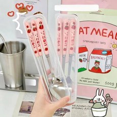 딸기 젓가락 스푼 포크 커트레이 세트 휴대용 여행 스테인레스 스틸 식기 주방 용품 케이스, 핑크 스트로베리, 1개, 기본 색상