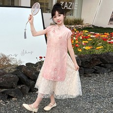 DIU 女童夏裝連衣裙新款兒童洋氣夏季大童女孩新中式旗袍裙公主裙