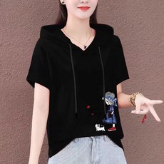 여성 여름 반팔 후드 티셔츠 캐주얼 후드 상의 루즈핏 캐릭터 순면 반팔 후드 티셔츠 빅사이즈 MJS