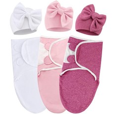 AQOKKA 큰 리본 모자가 있는 아기 포대기 수면 자루 면 조절 가능한 담요 랩 아기방 신생아 남아 여아 유아용 0-3개월 122059, 3 세트: 화이트/핑크/푸시아