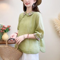 ORZQU 여름 여성용 면마 자수 카라 셔츠 빅 사이즈 루즈핏 블라우스 우아한 저고리 상의 개량한복 생활한복