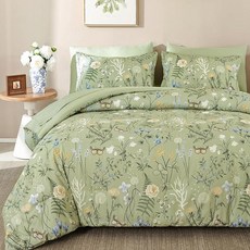 Yiran Sage Green 히비스커스 꽃무늬 이불 세트 킹 사이즈 7피스 새 꽃 보태니컬 침구 가방에 담긴 빈티지 침대 부드러운 극세사 컴플리트 사계절용 시트 포함 1833, 세이지 그린