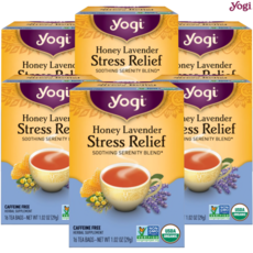 요기티 스트레스 릴리프 허니 라벤더 티백 카페인 무함유 USDA 유기농 인증, 1.8g, 6개