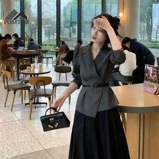 POMTOR 여성 고급 하객룩 허리끈 정장자켓 스커트 투피스 상하세트