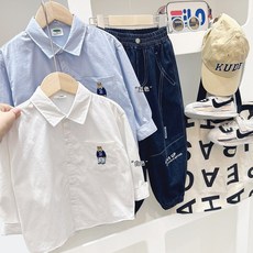 男童長袖襯衫春鞦新款2025純色上衣童裝中小童翻領卡通洋氣襯衣潮