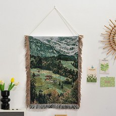 북유럽 스타일 마크라메 월행잉 인테리어 패브릭 배경천 캠핑 감성 방 장식 가리개, 숲 눈 산, 60x80cm+나무봉 설치키트
