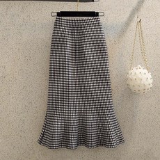 besteffie 여성 레트로 체크무늬 머메이드 롱 스커트 가을 겨울 빅사이즈 심플