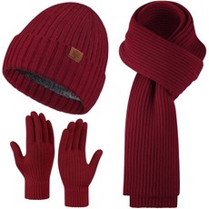 Premillow 여성용 겨울 비니 모자 스카프 장갑 세트 슬라우치 롱 터치스크린 3 in 1 블랙. 단일 사이즈 159433, 와인 레드