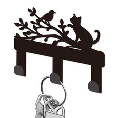 아이언 벽걸이 행거 장식 정리대 나사 포함 3구 고리 가방 옷 키 스카프 거치대 길이 11cm 폭 1.5cm 인테리어 소품, 나뭇가지+고양이